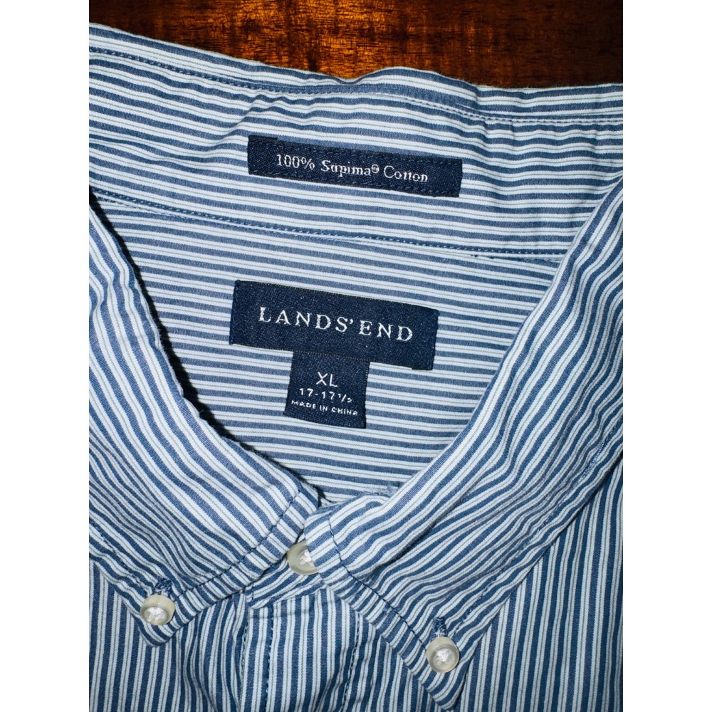 Lands' End Button Down Mens XL Blue White Excellent Supima Cotton Striped Shirt
